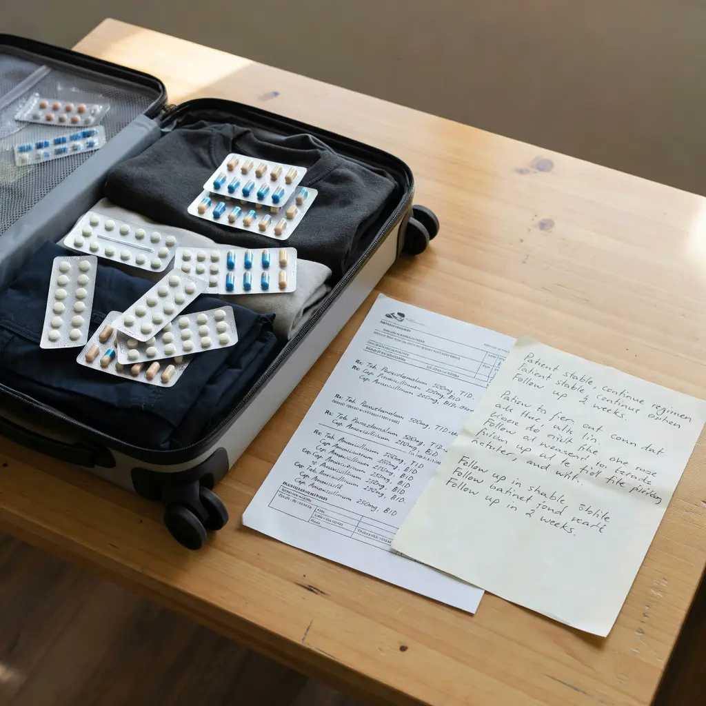 Женщина раскладывает блистеры с таблетками и рецепт на латинице в ручной клади перед вылетом в Стамбул, рядом лежит справка врача
