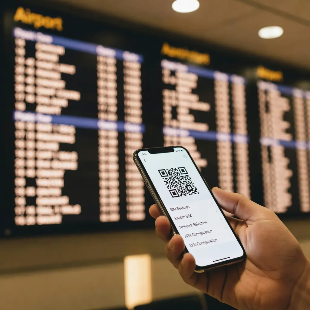 Смартфон с активным профилем eSIM и QR-кодом в руке путешественника на фоне табло вылетов в терминале аэропорта перед посадкой.