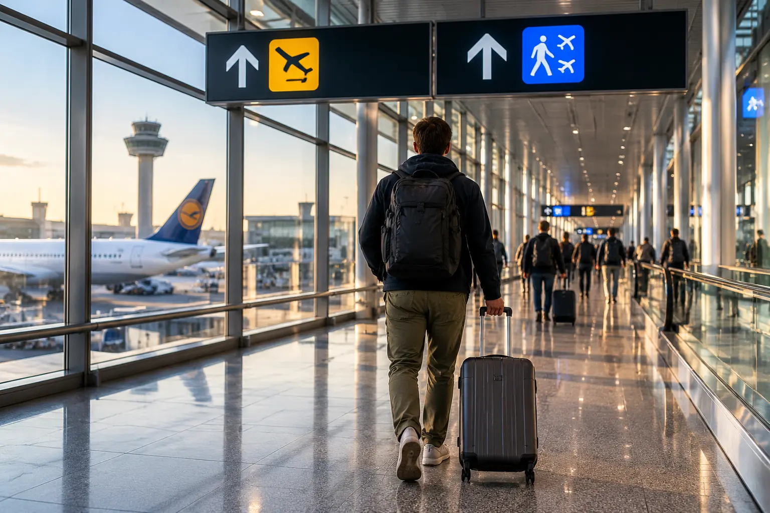 Пассажир с небольшим чемоданом следует по указателю Connections в светлом коридоре аэропорта Франкфурта перед пересадкой.