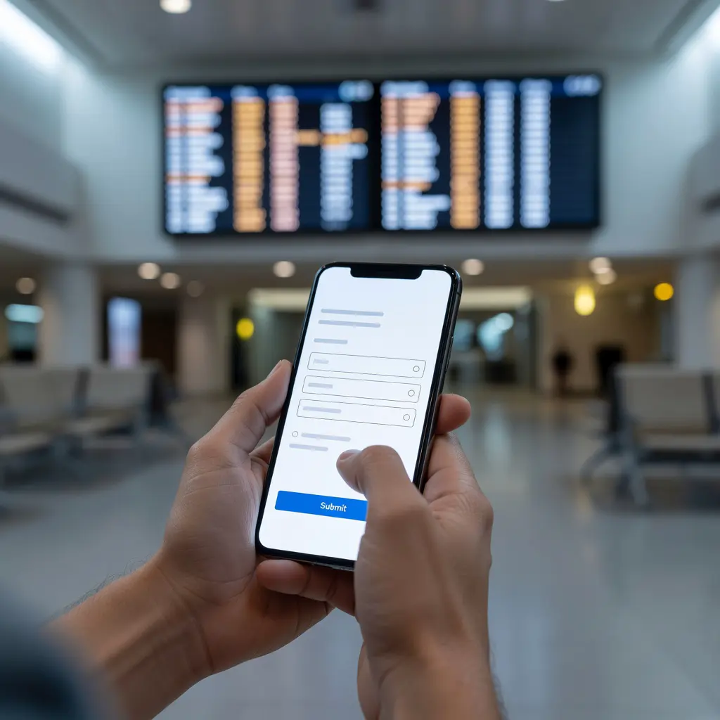 Смартфон с открытой формой оформления страховки для поездки в руках пассажира в зале ожидания аэропорта перед вылетом дальнего рейса.