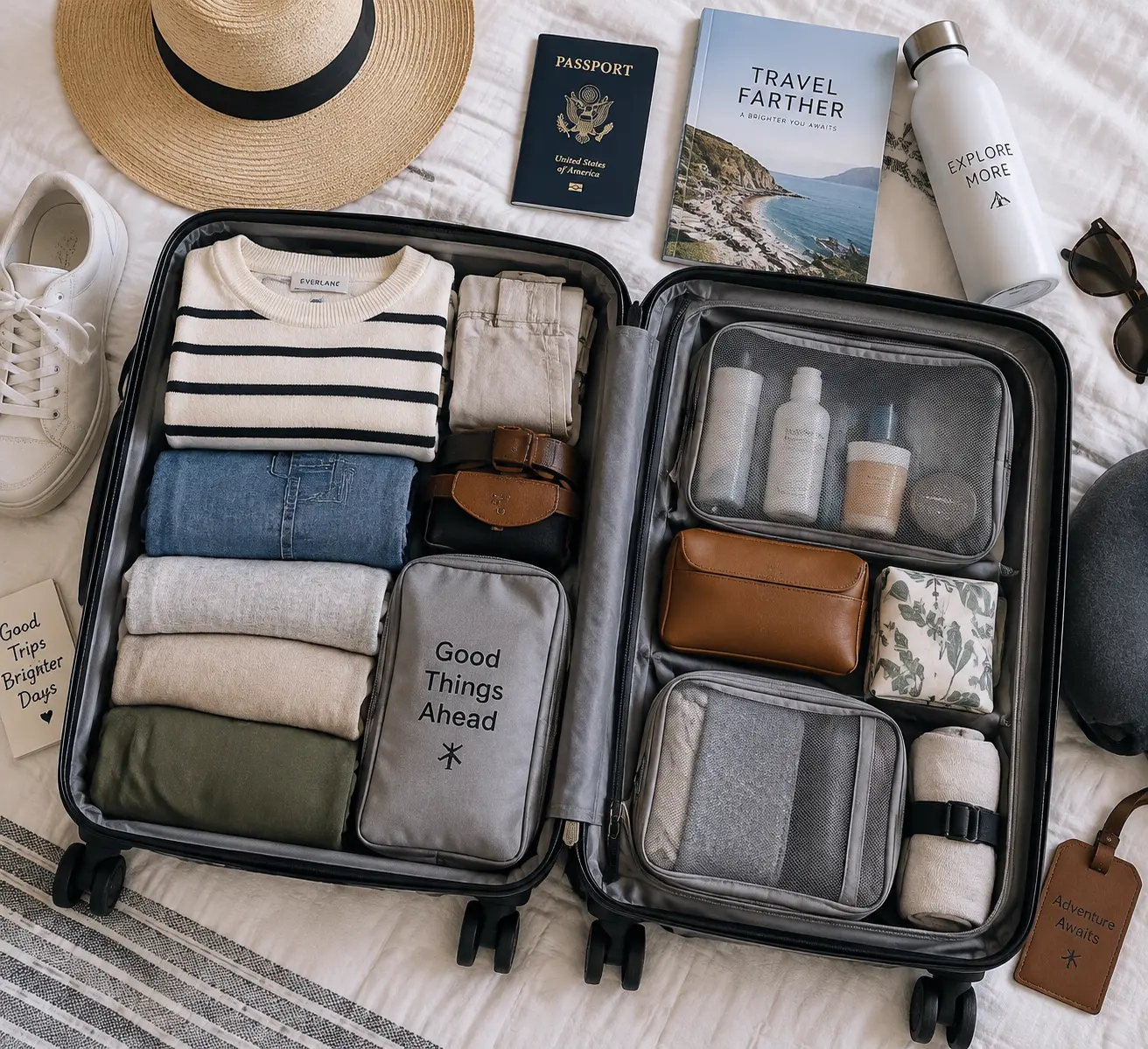 Путешественник раскладывает одежду и аксессуары в чемодане перед перелётом с учётом правил багажа.