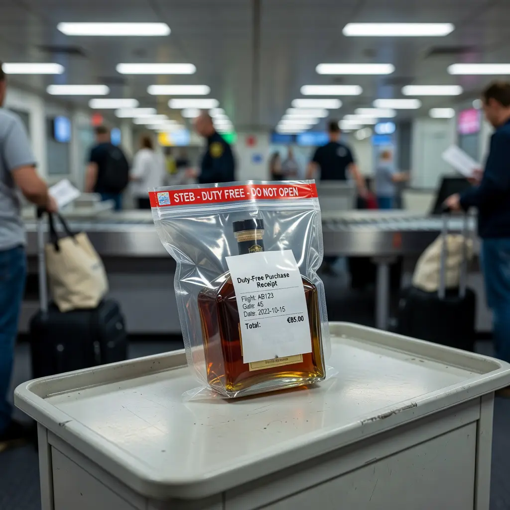Запечатанный пакет STEB с бутылкой виски и чеком duty-free лежит на пластиковом подносе в зоне трансферного досмотра аэропорта.
