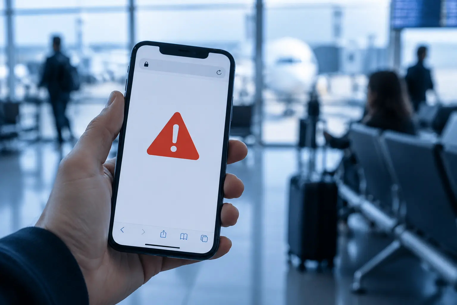 Смартфон в руке пассажира с открытой страницей бронирования и предупреждением браузера о подозрительном домене в зале ожидания аэропорта.