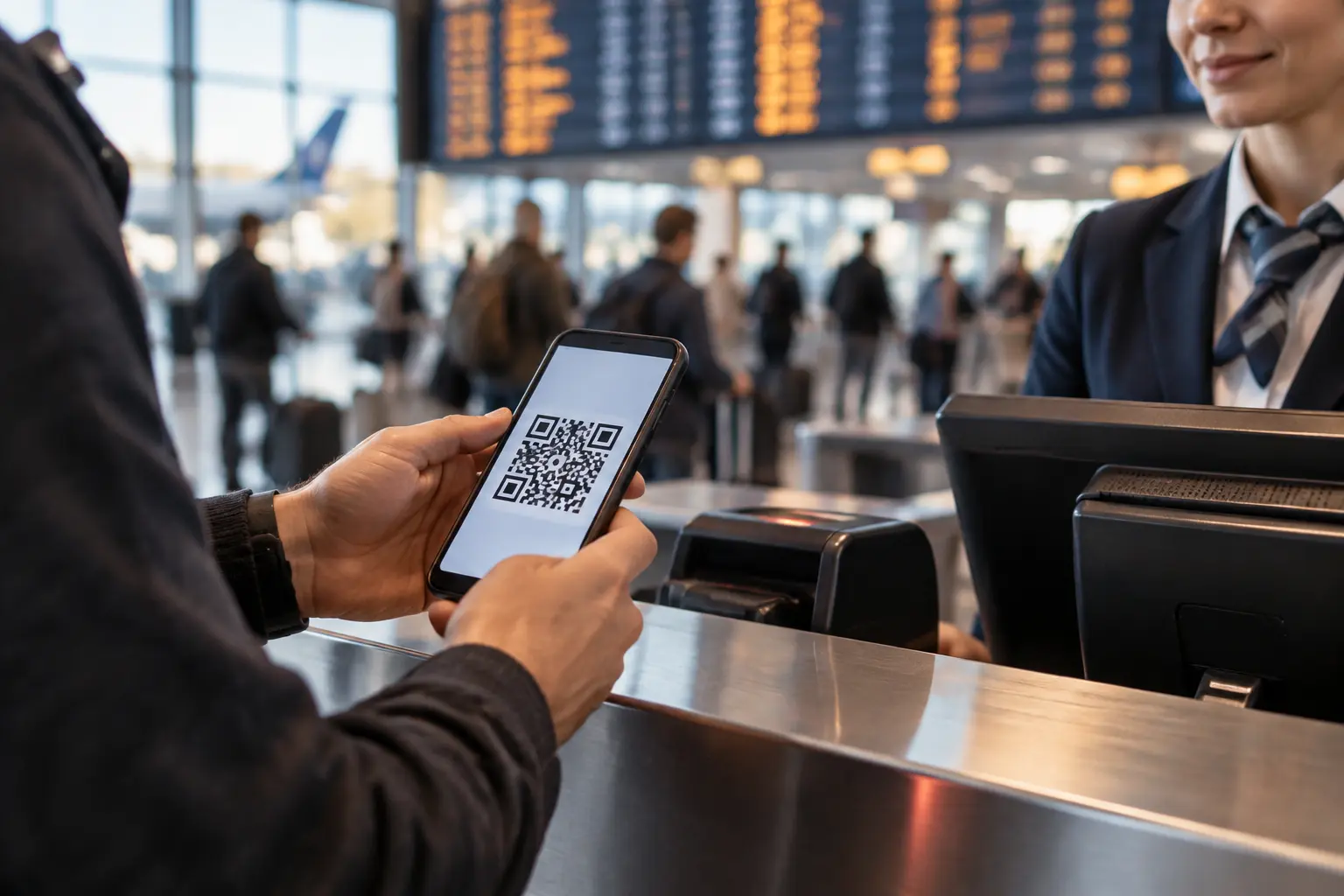Руки держат телефон с QR-кодом посадочного талона у стойки регистрации в зале вылета, за спиной табло рейсов и чемодан на ленте.