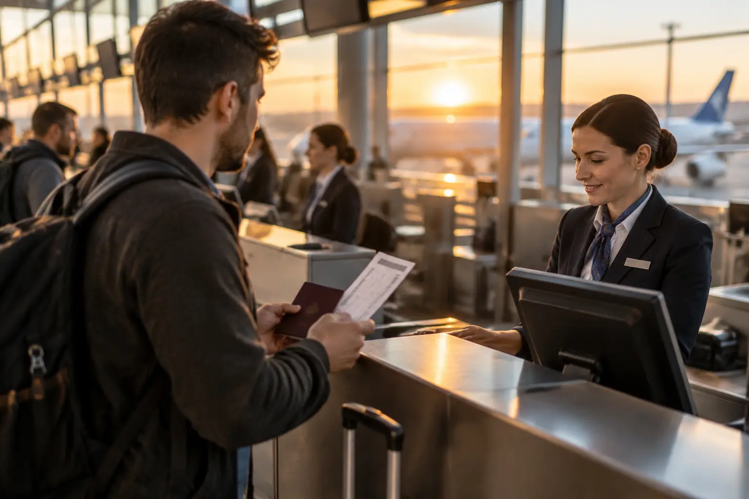 Пассажир с паспортом и бумажным посадочным талоном стоит у стойки регистрации аэропорта Пулково рано утром перед вылетом в Калининград
