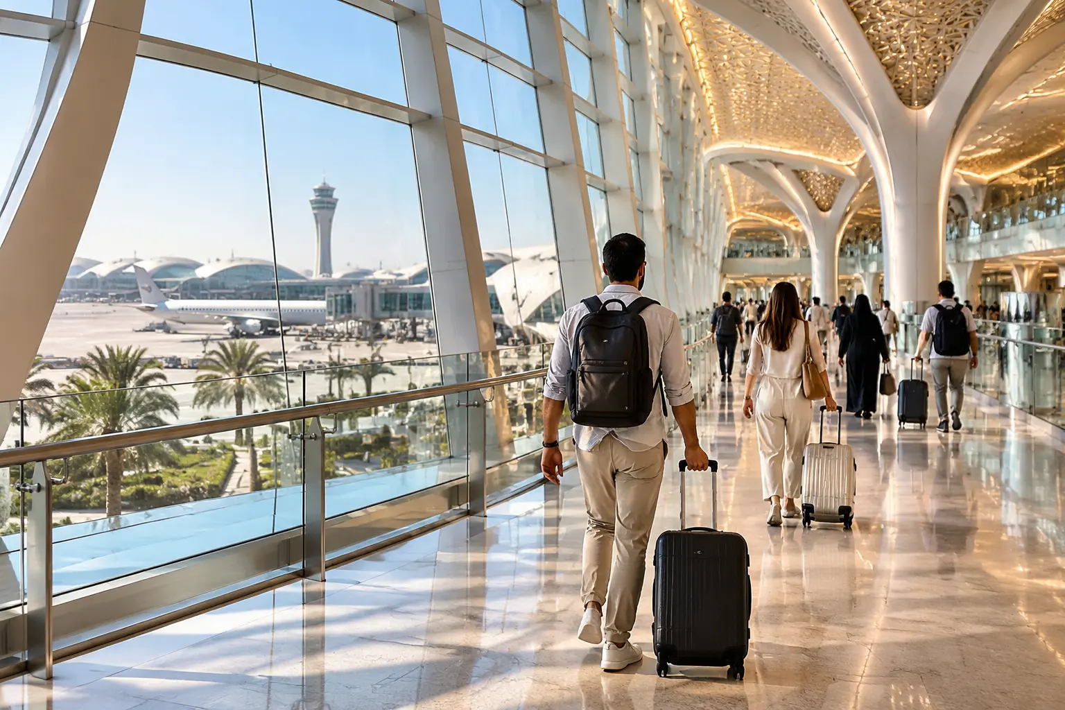 Пассажиры идут по светлому транзитному коридору Zayed International Airport к зоне контроля перед следующей посадкой.