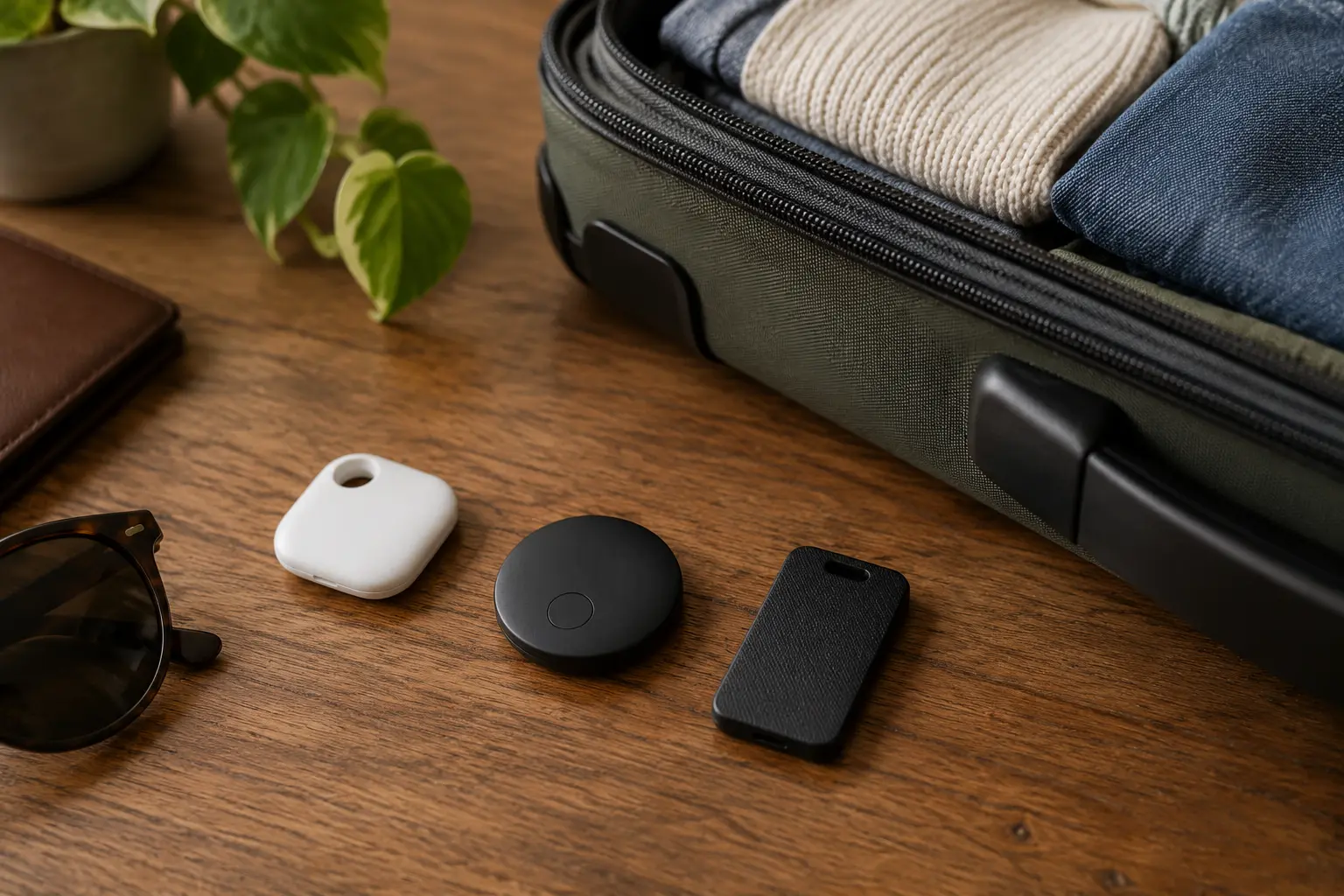 Bluetooth-метка, UWB-брелок и GPS-трекер с экраном лежат рядом на столе перед упакованным чемоданом путешественника.